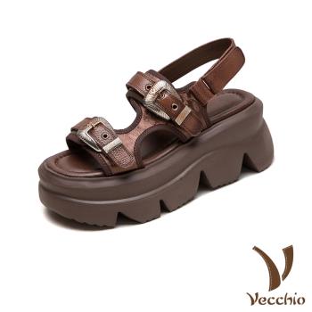 【VECCHIO】真皮復古金屬釦鬆糕厚底休閒涼鞋/真皮頭層牛皮復古金屬釦飾鬆糕厚底休閒涼鞋 女鞋 棕