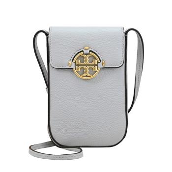 TORY BURCH 84077 金屬LOGO翻蓋斜背手機/小包.淺灰