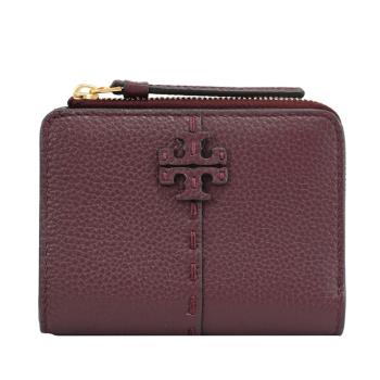 TORY BURCH 148751 皮革LOGO釦式零錢短夾.酒紅