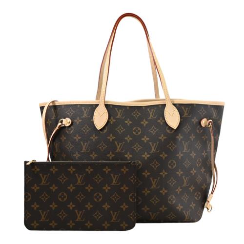 Louis Vuitton LV M46975 NEVERFULL MM 老花子母束口購物包.米邊