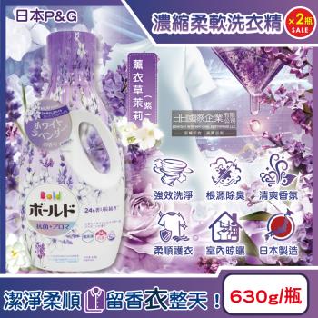 (2瓶超值組)日本P&G-Bold超濃縮強洗淨室內晾曬除臭香氛柔軟洗衣精630g/瓶-薰衣草茉莉紫(持香約24小時,消臭柔順洗滌劑)
