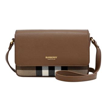 BURBERRY 8084500 Hampshire 燙金LOGO格紋翻蓋斜背包.咖