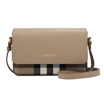 BURBERRY 8084504 Hampshire 燙金LOGO格紋翻蓋斜背包.淺褐