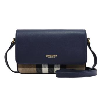 BURBERRY 8084501 Hampshire 燙金LOGO格紋翻蓋斜背包.深藍