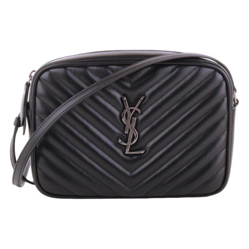 YSL- Lou 金字V型縫絎皮革拉鍊斜背相機包(黑)