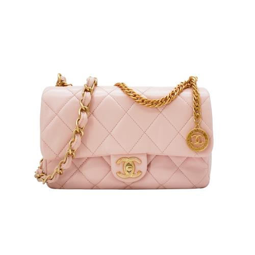 Chanel  菱格羊皮金鍊斜背包-23cm (AS4000-粉)