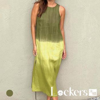 任-【Lockers 木櫃】夏季休閒棉麻無袖開衩漸層連身裙 L113080103