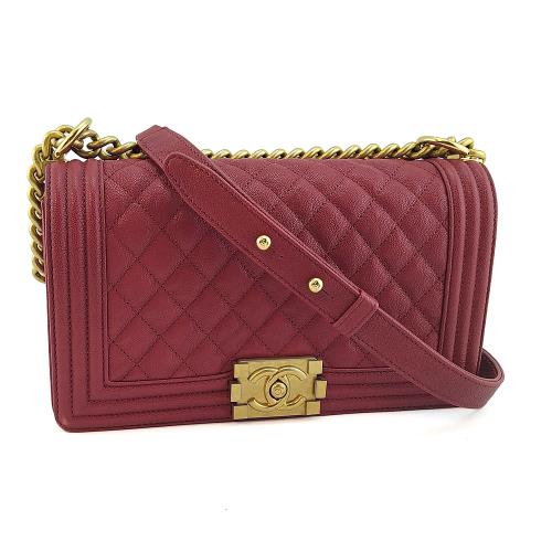 九成新！CHANEL 莓紅色荔枝牛皮霧金鍊肩背斜背25公分BOY包