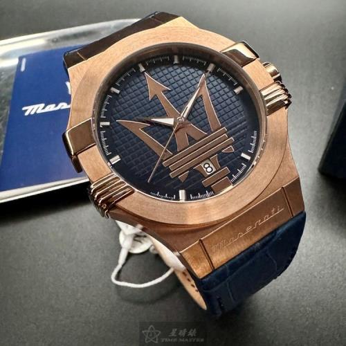 MASERATI 瑪莎拉蒂男女通用錶 42mm 玫瑰金六角形精鋼錶殼 寶藍色中三針顯示錶面款 R8851108027