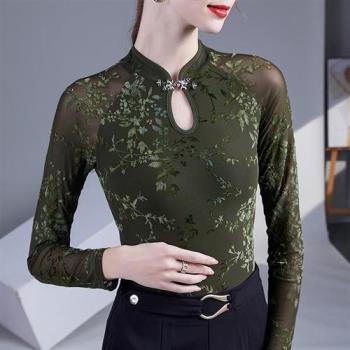 【巴黎精品】T恤長袖上衣-提花旗袍網紗修身女裝a1fs51