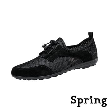 【SPRING】真皮網布束帶休閒鞋/真皮透氣網布拼接束帶戶外休閒鞋 男鞋 黑