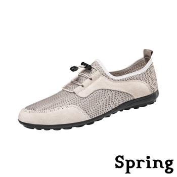 【SPRING】真皮網布束帶休閒鞋/真皮透氣網布拼接束帶戶外休閒鞋 男鞋 杏