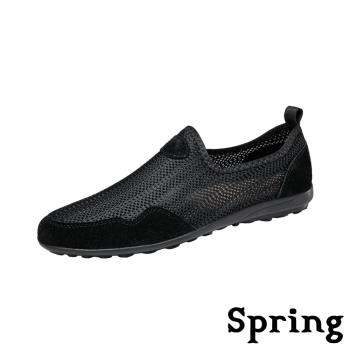 【SPRING】真皮透氣休閒戶外樂福鞋/真皮透氣飛織戶外休閒樂福鞋 男鞋 黑