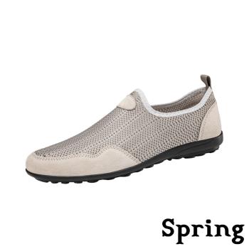【SPRING】真皮透氣休閒戶外樂福鞋/真皮透氣飛織戶外休閒樂福鞋 男鞋 米
