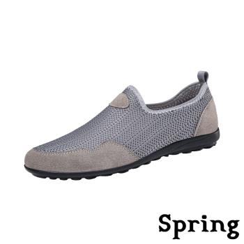 【SPRING】真皮透氣休閒戶外樂福鞋/真皮透氣飛織戶外休閒樂福鞋 男鞋 灰