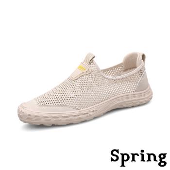 【SPRING】真皮透氣網布懶人鞋/真皮透氣飛織網布拼接套腳懶人鞋 休閒鞋 男鞋 米