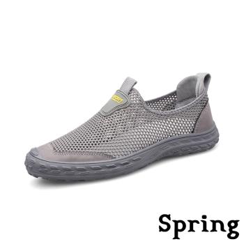 【SPRING】真皮透氣網布懶人鞋/真皮透氣飛織網布拼接套腳懶人鞋 休閒鞋 男鞋 灰