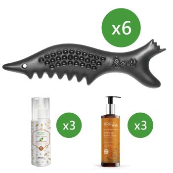 【寶草園超值套組】魔可舒小魚壹式×6(贈布套)+檀香舒緩身體乳液×3+鎂離子乳香潤膚乳液×3