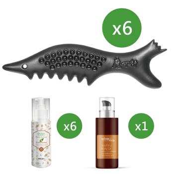 【寶草園超值套組】魔可舒小魚壹式×6(贈布套)+檀香舒緩身體乳液×3+鎂離子乳香潤膚乳液×3