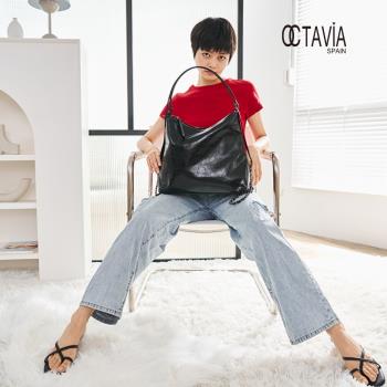 OCTAVIA8 真皮- 大女子 金屬色梯型百變造型肩揹包 - 獨立黑