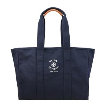 TORY BURCH 156476 燙印LOGO帆布大托特包.午夜藍