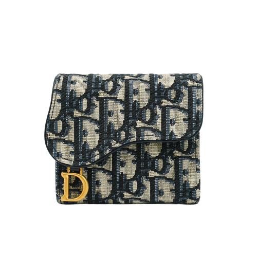 Dior Oblique Saddle Lotus 緹花釦式三折短夾(藍)