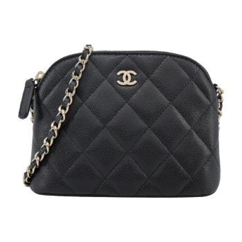 CHANEL 經典雙C LOGO菱格小牛皮貝殼/斜揹包 (黑色)