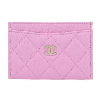 CHANEL 經典雙C LOGO菱格小牛皮卡片夾(粉色)