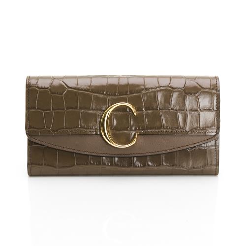 Chloe 經典C字金屬釦鱷魚紋長夾/手拿包 (軍綠色)