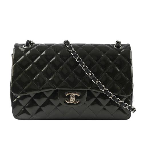二手商品9.5成新_CHANEL 銀釦漆皮菱格紋 30cm Jumbo COCO包(墨綠色)