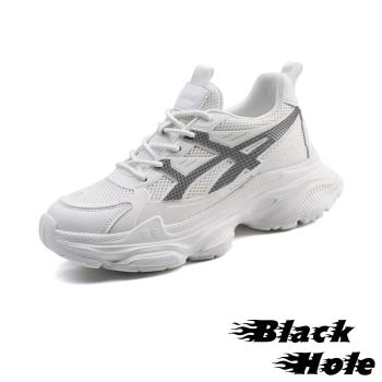 【BLACKHOLE】網布厚底休閒運動鞋/潮流流線透氣網布拼接厚底休閒運動鞋 男鞋 白
