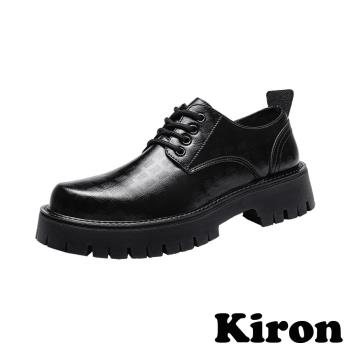 【KIRON】格子鬆糕休閒皮鞋/格子壓紋鬆糕厚底休閒皮鞋 男鞋 黑