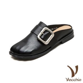 【VECCHIO】全真皮皮帶釦飾低跟包頭拖鞋/全真皮頭層牛皮復古寬楦皮帶釦飾低跟包頭拖鞋 女鞋 黑