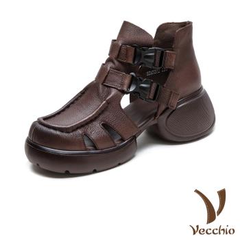 【VECCHIO】真皮皮帶扣鬆糕厚底羅馬涼鞋/真皮頭層牛皮復古縷空皮帶扣設計鬆糕厚底羅馬涼鞋 女鞋 棕