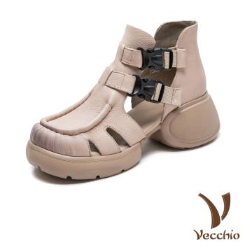 【VECCHIO】真皮皮帶扣鬆糕厚底羅馬涼鞋/真皮頭層牛皮復古縷空皮帶扣設計鬆糕厚底羅馬涼鞋 女鞋 米