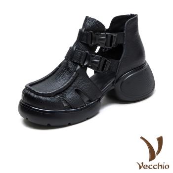 【VECCHIO】真皮皮帶扣鬆糕厚底羅馬涼鞋/真皮頭層牛皮復古縷空皮帶扣設計鬆糕厚底羅馬涼鞋 女鞋 黑