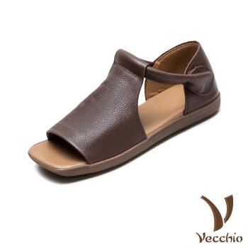 【VECCHIO】真皮寬楦復古平底涼鞋/真皮頭層牛皮舒適寬楦復古平底涼鞋 女鞋 棕
