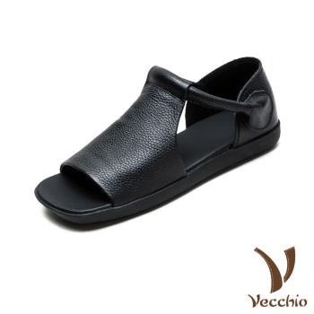 【VECCHIO】真皮寬楦復古平底涼鞋/真皮頭層牛皮舒適寬楦復古平底涼鞋 女鞋 黑
