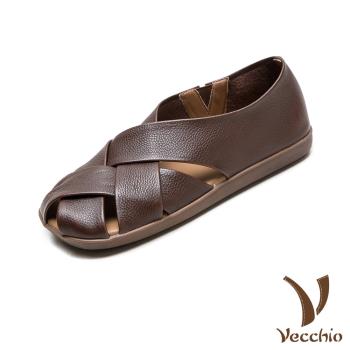 【VECCHIO】真皮復古交叉編織透氣樂福鞋/真皮頭層牛皮復古縷空交叉編織透氣舒適樂福鞋 女鞋 棕