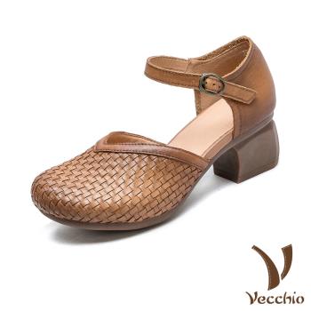 【VECCHIO】真皮編織V口粗跟包頭涼鞋/真皮頭層牛皮手工編織小圓頭V口粗跟包頭涼鞋 女鞋 棕