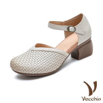 【VECCHIO】真皮編織V口粗跟包頭涼鞋/真皮頭層牛皮手工編織小圓頭V口粗跟包頭涼鞋 女鞋 杏
