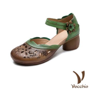 【VECCHIO】真皮縷空花朵小圓頭包頭粗跟涼鞋/真皮頭層牛皮縷空花朵小圓頭包頭粗跟涼鞋 女鞋 棕