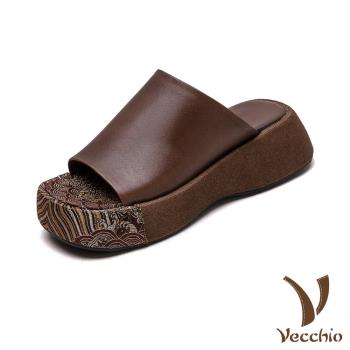 【VECCHIO】真皮刺繡拼接厚底拖鞋/真皮頭層牛皮典雅刺繡拼接舒適厚底拖鞋 女鞋 咖