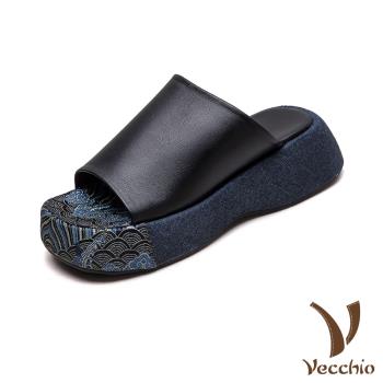 【VECCHIO】真皮刺繡拼接厚底拖鞋/真皮頭層牛皮典雅刺繡拼接舒適厚底拖鞋 女鞋 黑
