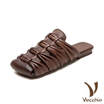 【VECCHIO】真皮方頭縷空編織低跟拖鞋/真皮頭層牛皮復古方頭縷空編織舒適低跟拖鞋 女鞋 咖
