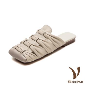 【VECCHIO】真皮方頭縷空編織低跟拖鞋/真皮頭層牛皮復古方頭縷空編織舒適低跟拖鞋 女鞋 米