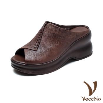 【VECCHIO】真皮復古魚口露趾坡跟厚底拖鞋/真皮頭層牛皮復古手工縫線魚口露趾坡跟厚底拖鞋 女鞋 咖