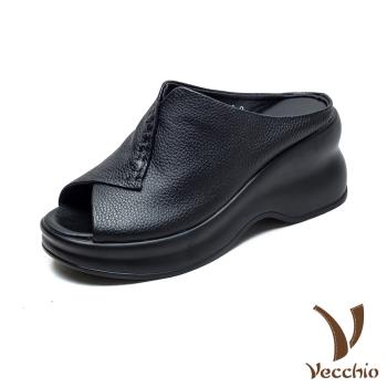 【VECCHIO】真皮復古魚口露趾坡跟厚底拖鞋/真皮頭層牛皮復古手工縫線魚口露趾坡跟厚底拖鞋 女鞋 黑