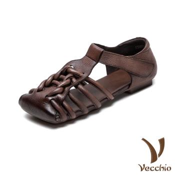 【VECCHIO】真皮方頭編織線條包頭涼鞋/真皮頭層牛皮方頭手工編織縷空線條包頭涼鞋 女鞋 咖