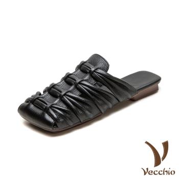 【VECCHIO】真皮方頭縷空編織低跟拖鞋/真皮頭層牛皮復古方頭縷空編織舒適低跟拖鞋 女鞋 黑